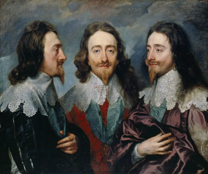 Carlos I en Tres Posiciones, Pintura de Retrato de Monarca del Siglo XVII